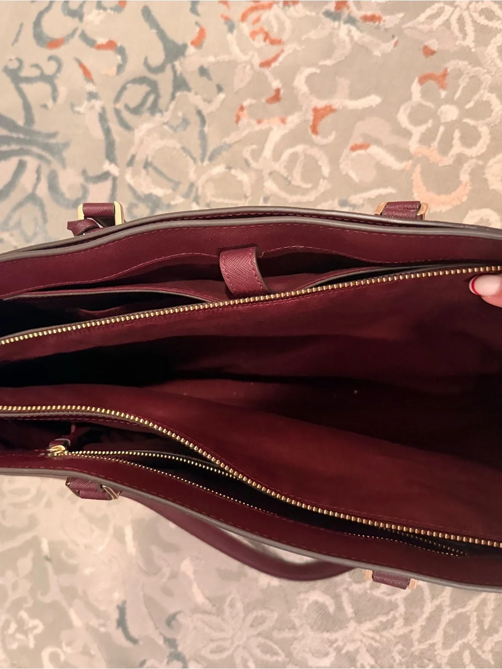 Tory Burch Wine Saffiano Leather Tote with Gold Logo